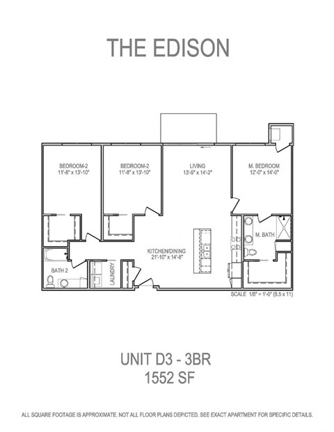 Floor plan for 3 beds, 2 baths, 1552 sqft